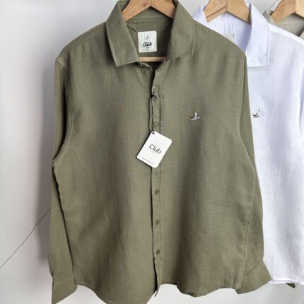 B. marka comfort fit müslin kumaş keten haki gömlek